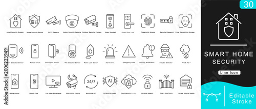 Foto Smart Home Security Line Icons Set – Home Automation, CCTV Camera, Door Lock, Al