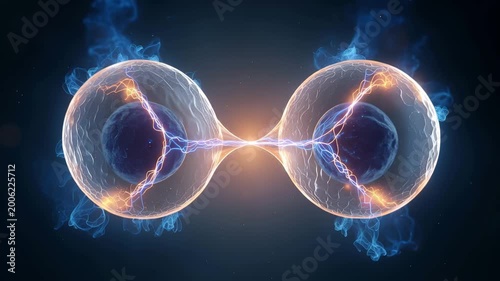 Cell division transparent cell nucleus plasma membrane glowing energy blue orange science biology microscopic dynamic abstract mitosis electricity