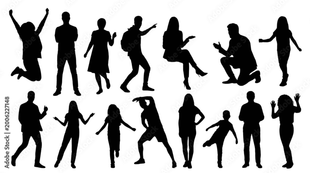 Fototapeta premium Silhouettes of people dancing and jumping isolated on transparent background, Vector
