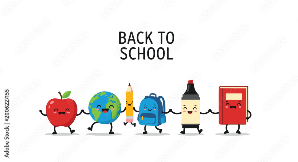 Fototapeta premium Cute cartoon school supplies like an apple, globe, and backpack are holding hands for a happy back to school celebration concept.