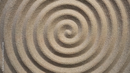 eddy. Top-down view of a dark vortex pattern in sand with concentric circles spiraling inward in monochromatic tones. travel magazines, destination branding, designed for travel destination branding.