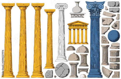 An ancient Greek temple architecture featuring classical white marble columns and a stone colonnade monument isolated against a gold sky in antique Greece.