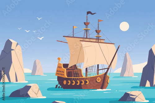 Photos Large wooden sailing ship with cream sails navigating turquoise sea among rocky stacks at sunset