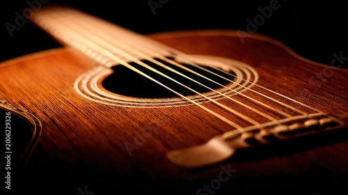 headstock. Acoustic guitar resting on a wooden stand, highlighting strings and soundhole with warm lighting. tutorial guides, club newsletters, designed for tourism and weekend activity guides.