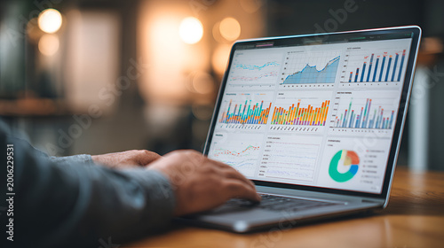 Web analytics dashboard. Marketing data visualization. Statistical graphs and reports. Businessperson analyzing website traffic using a laptop computer.