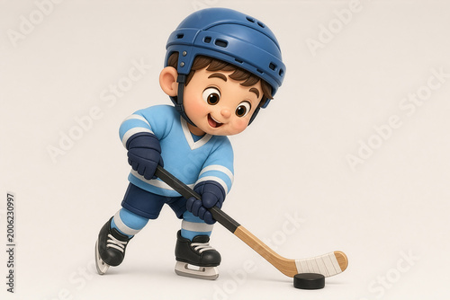 Photography 3D cartoon hockey player in blue gear hitting a puck with a wooden stick, shown in a dynamic action pose on a clean light background