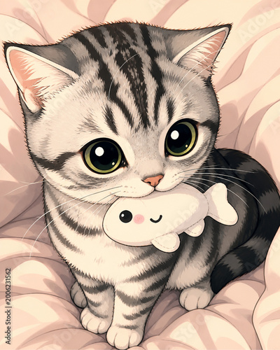 Cute cat bite fish doll