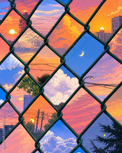 Wire fencing with sunset memories