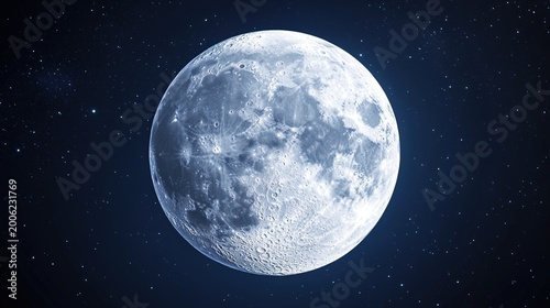 phase. A high-resolution full moon isolated against dark space, showcasing detailed lunar surface under dramatic lighting. STEM education sheets.