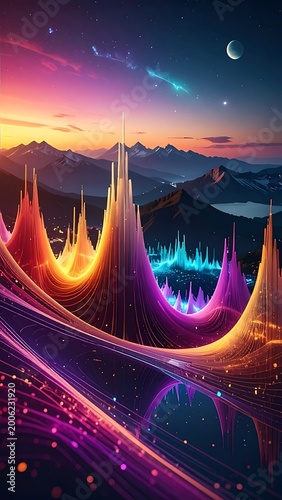 Vibrant neon landscape with mountains and celestial body