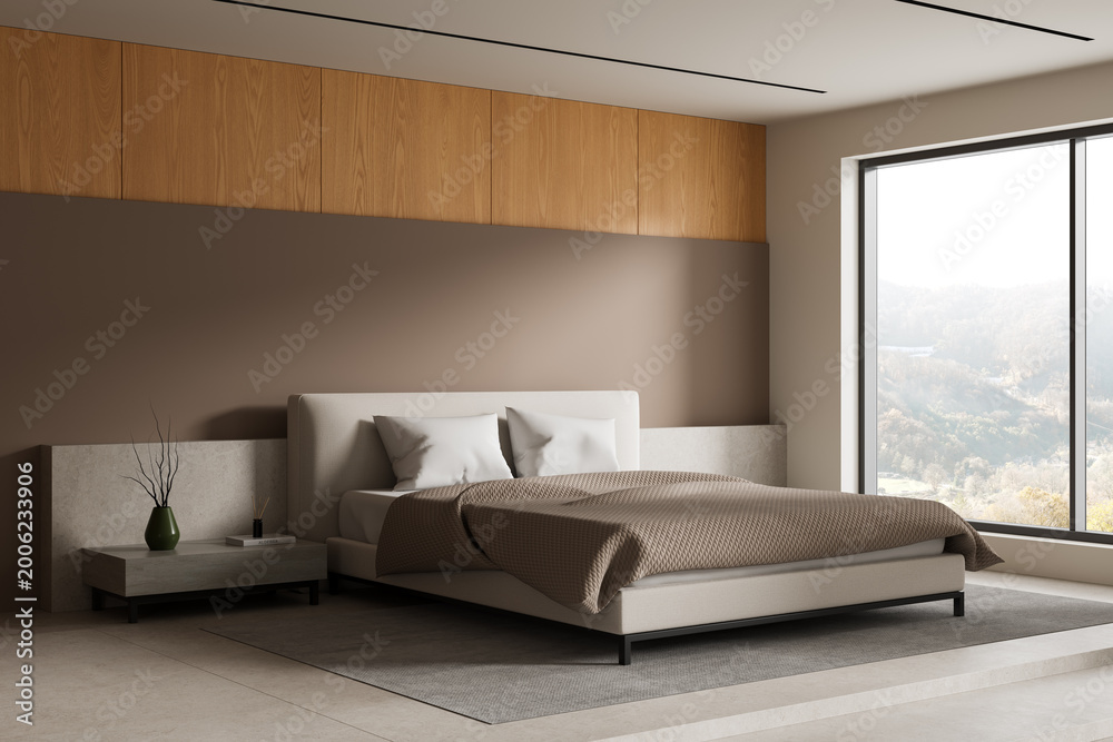 Obraz premium Modern minimalistic bedroom interior with neutral tones, large window view, wooden accents and elegant architecture details in serene setting. 3D Rendering