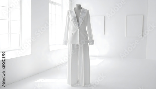 White silk blazer with lace lapels and wide leg trousers on a ghost mannequin in a bright white gallery setting generative AI