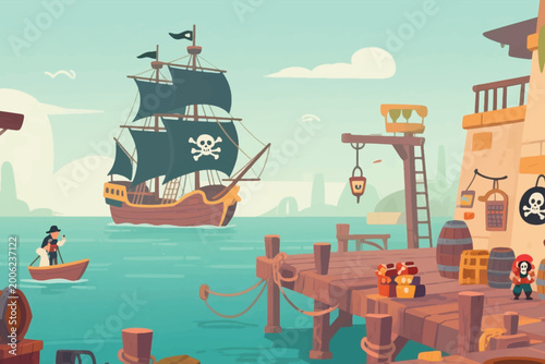 Cartoon pirate ship with black sails docked at seaside pier with pirates, barrels, and treasure.