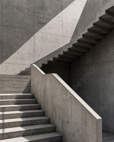 Brutalist concrete staircase with dramatic sunlight, geometric shadows and minimalist architectural composition. AI generative