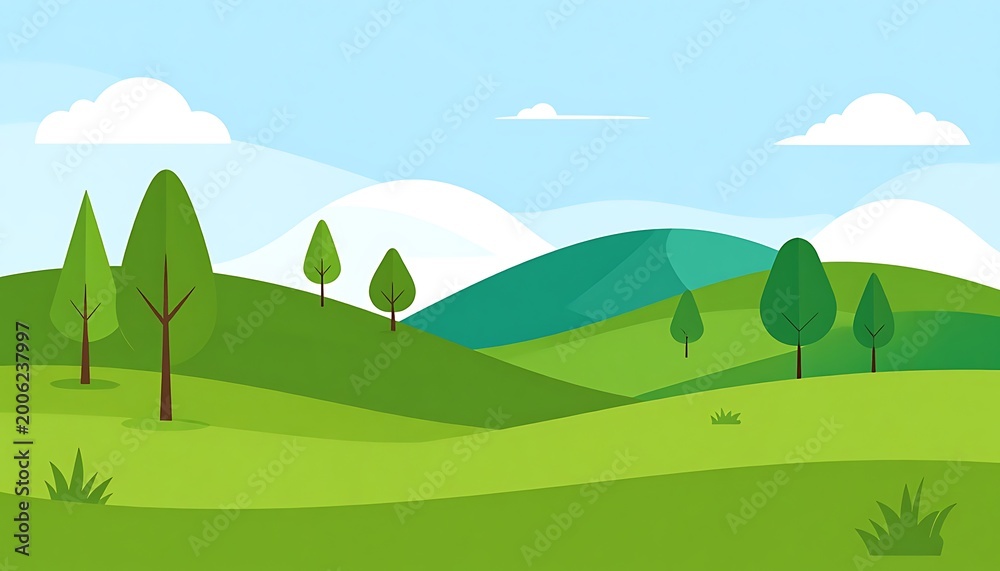 Obraz premium A serene green landscape with rolling hills and trees under a blue sky