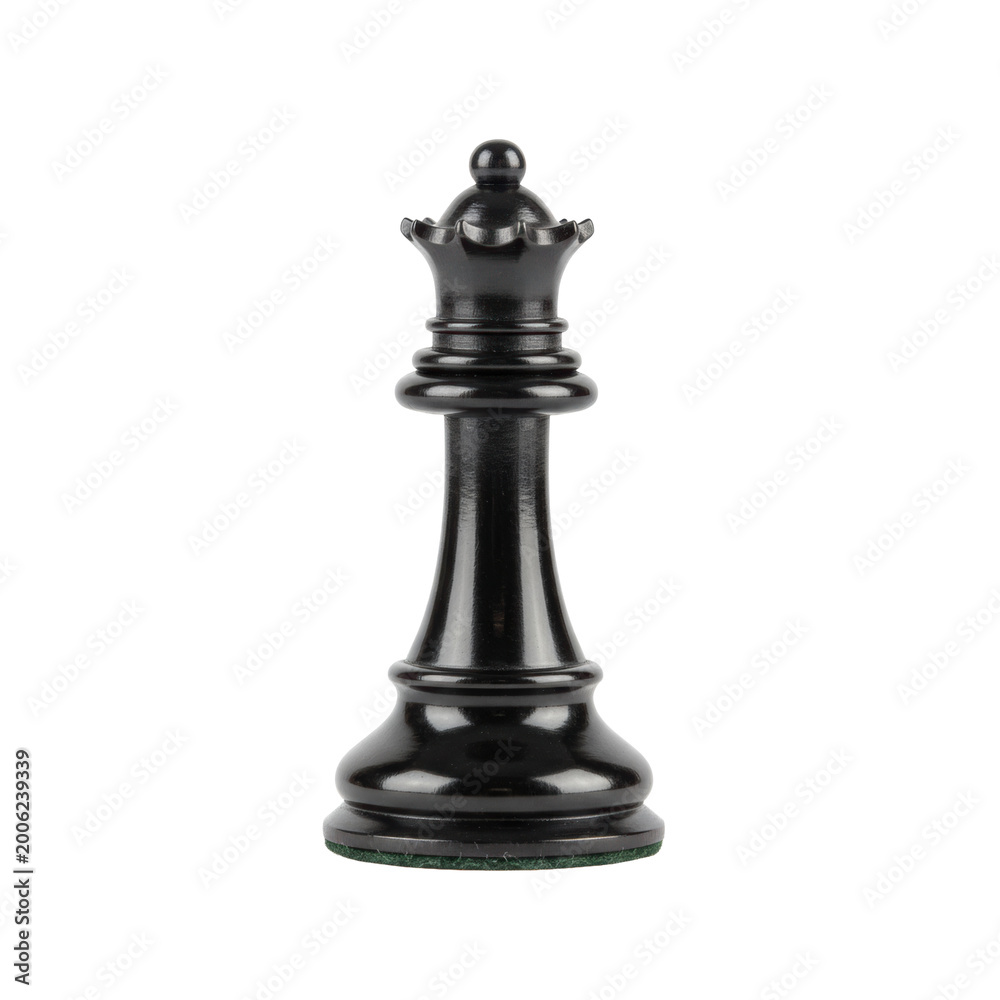 Fototapeta premium Single black polished ebony chess queen piece with intricate coronet on a white background, soft studio lighting, minimalist sophisticated product atmosphere