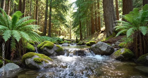 Flowing Forest Stream with Lush Green Ferns and Mossy Rocks in Nature