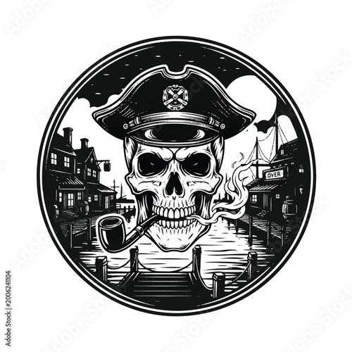 Foto Pirate skull with smoking pipe hat.