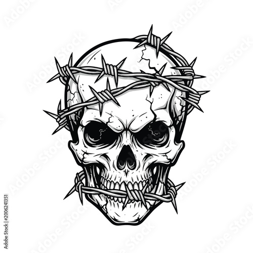 Schilderij op canvas Skull with barbed wire crown.