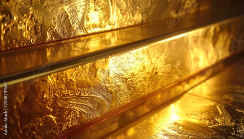 Close up of gold bars with textured surface reflecting light