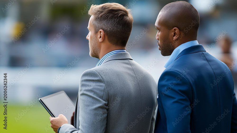 Obraz premium Rear view of a manager and assistant coach standing side by side at the touchline reviewing a tactical tablet, management duo concept, sports leadership pair, live match analysis,