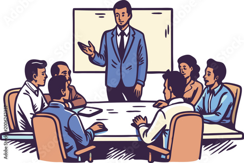 A business meeting with a speaker presenting to a group around a conference table