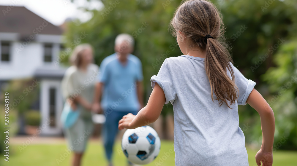 Obraz premium Rear view of a girl playing football with older family members in a backyard, intergenerational sport concept, family football, recreational sport at home, defocused background,