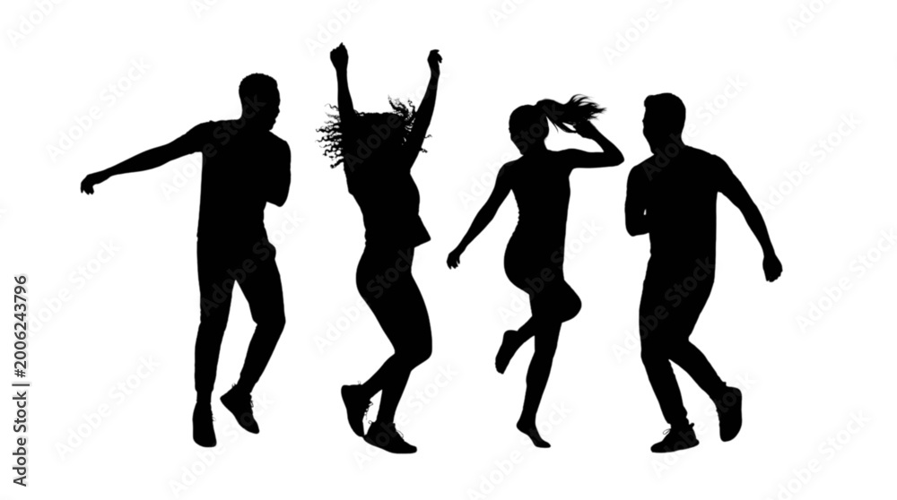 Fototapeta premium Four people dancing and jumping together isolated on transparent background, Vector