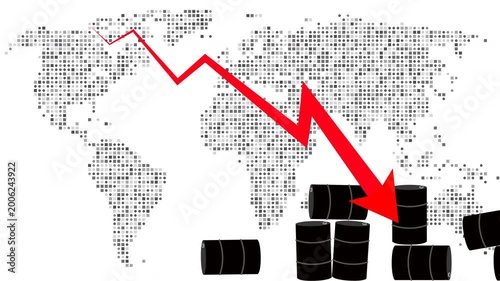 Global Oil Price Decline and Weak Energy Demand Footage Showing Falling Trend Arrow and Oil Barrels on World Map for Economic Downturn and Financial News