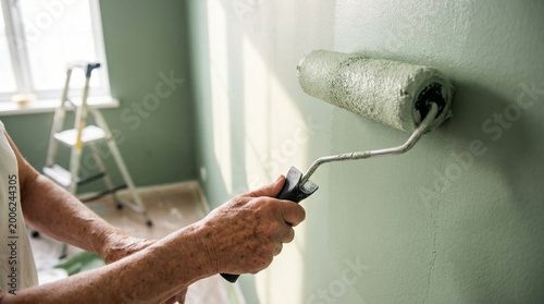 Elder painting wall in new apartment, close-up of hands holding paint roller, fresh paint, soft natural light, DIY home improvement concept