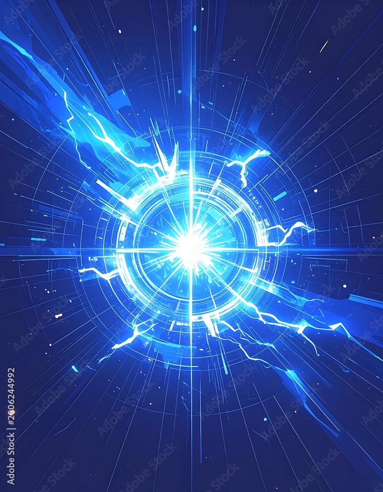Fototapeta premium A bright blue light with radiating lines and sparks in darkness