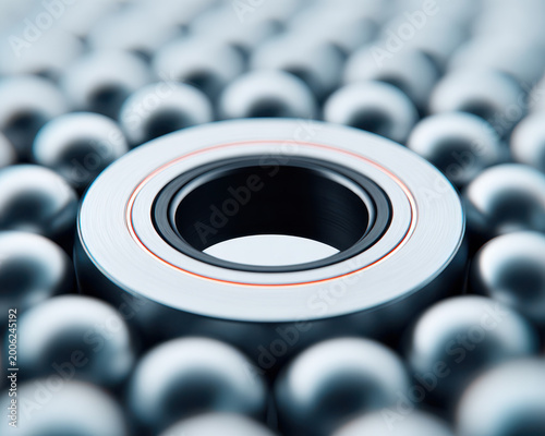 Large artificial intelligence concept with language models LLM represented by close up of metal bearing surrounded by steel balls in sharp focus