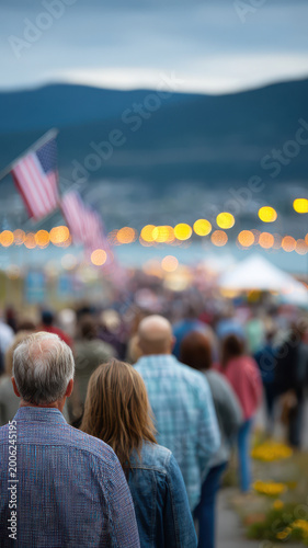 Crowd outdoor people celebration park evening flag patriotic mountain summer festive gathering event community social blurred background lights walking together group adult senior casual nature