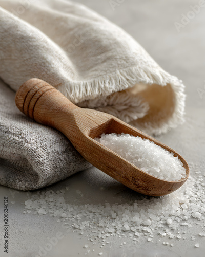 Wooden scoop holds salt next to fabric on a gray surface on a bright day in a kitchen setting