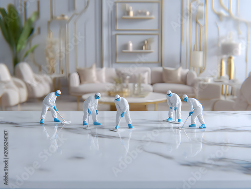 Figures cleaning a surface in a modern room with chairs and a table during daytime