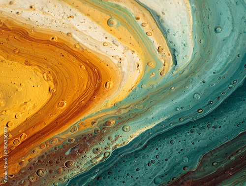 Swirls of orange and blue paint create patterns in an abstract design during an art session indoors in the afternoon