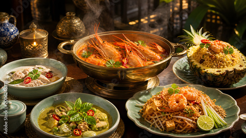 Cinematic luxury Thai dinner with steaming Tom Yum Goong, Pad Thai, and Green Curry in golden hour light