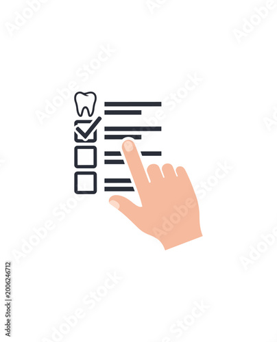 Dental checklist icon tooth with check marks and hand pointer on dark background