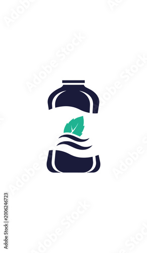 Graphic illustration of bottle and leaf with abstract waves