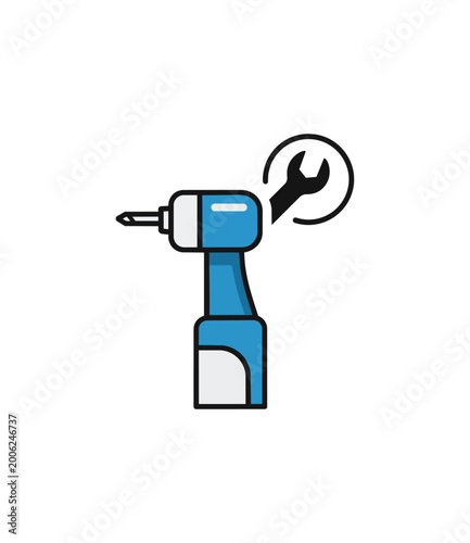 Illustrated drill and wrench tool icon on black background