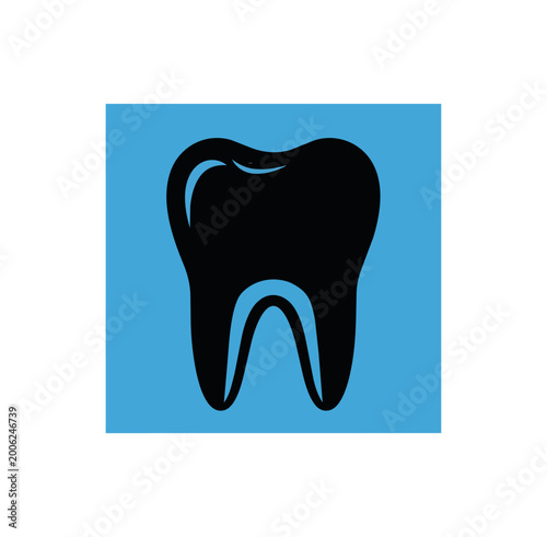 Dental icon black tooth silhouette on blue square