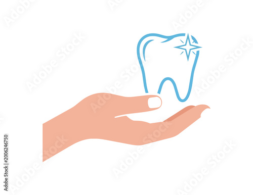 Hand holding tooth icon for healthcare and dentistry concepts