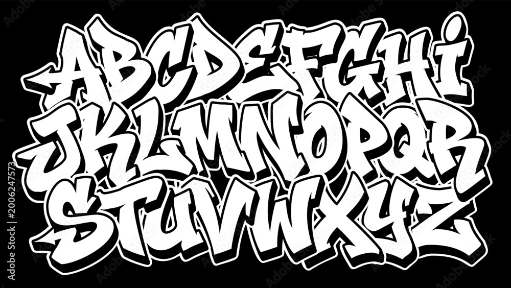 Fototapeta premium Graffiti Alphabet Letters Set - Bold White 3D Street Art Font on Black Background