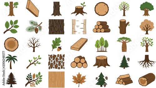 Quadro su tela Various trees and wood elements in a flat design style on white background