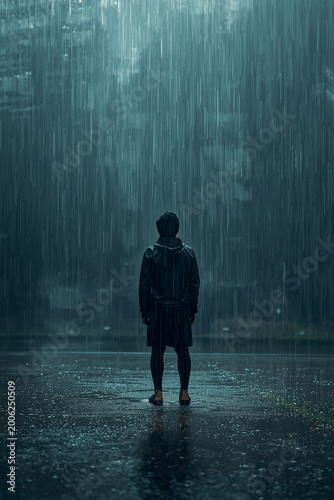 A solitary person stands in heavy rain under stormy sky enso climate states of mood reflected on wet pavement evoking solitude and resilience