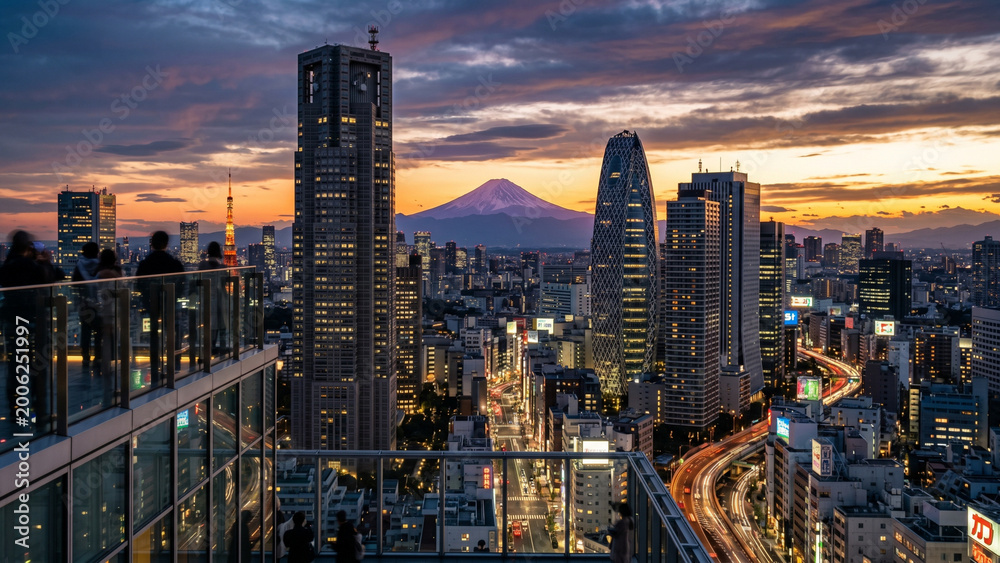 Fototapeta premium Tokyo skyline with Mount Fuji and Tokyo Tower, cityscape panoramic view, urban architecture, sunset, sunrise and night city lights, Japan travel landmark background
