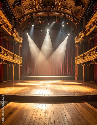 A grand, ornate theater stage with spotlights
