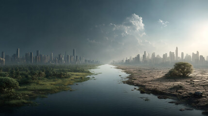 A river divides a vibrant green landscape and a barren desert, with city skylines on both sides under contrasting skies.