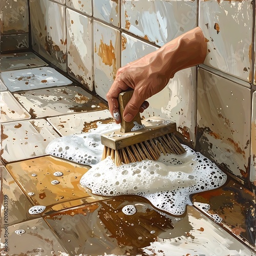 A hand scrubbing dirty tiles with a brush and soap