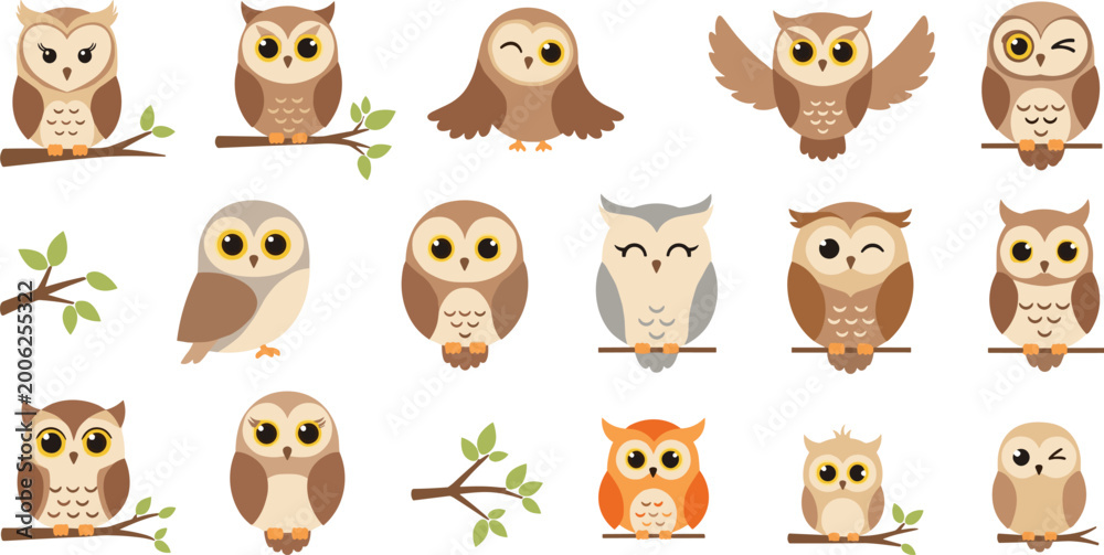 Fototapeta premium Cute Owl Cartoon Character Vector Set with Sitting, Flying, Perching Poses, Forest Branch Elements, and Adorable Nocturnal Bird Illustrations for Kids and Nursery Designs.